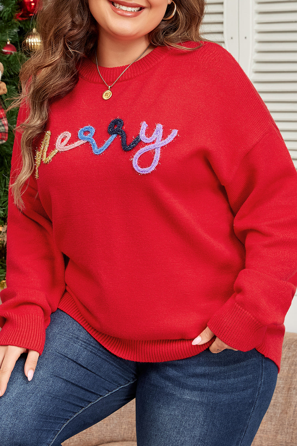 Fiery Red Tinsel Pattern Drop Shoulder Plus Size Sweater Dear-Lover Dropshipping